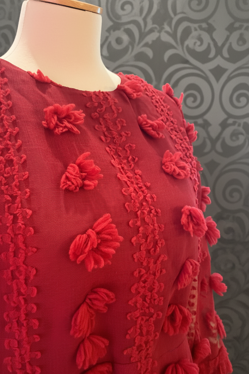 Burgundy Long Sleeve Rosette Dress