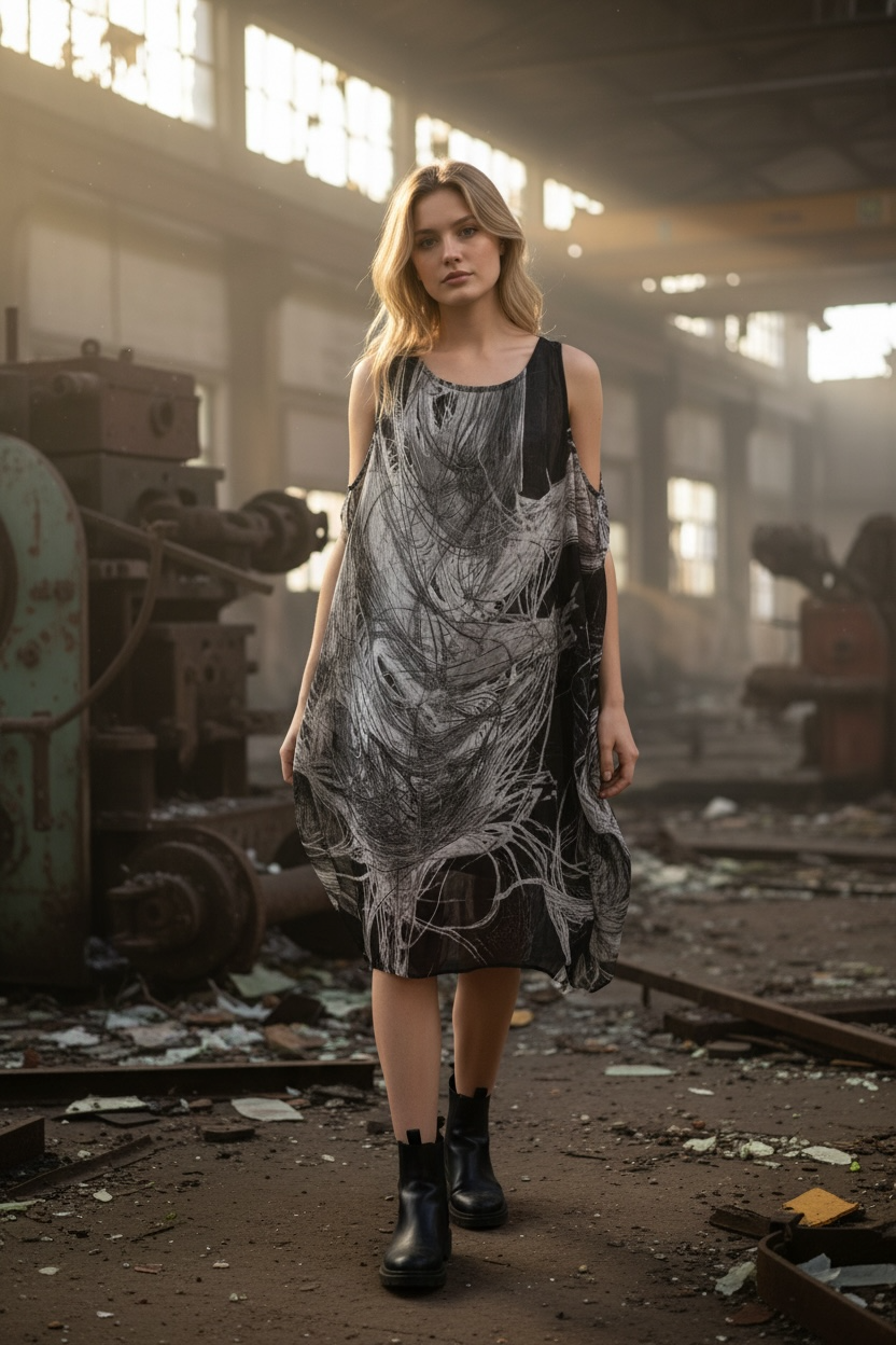 Abstract Ink Cold Shoulder Dress