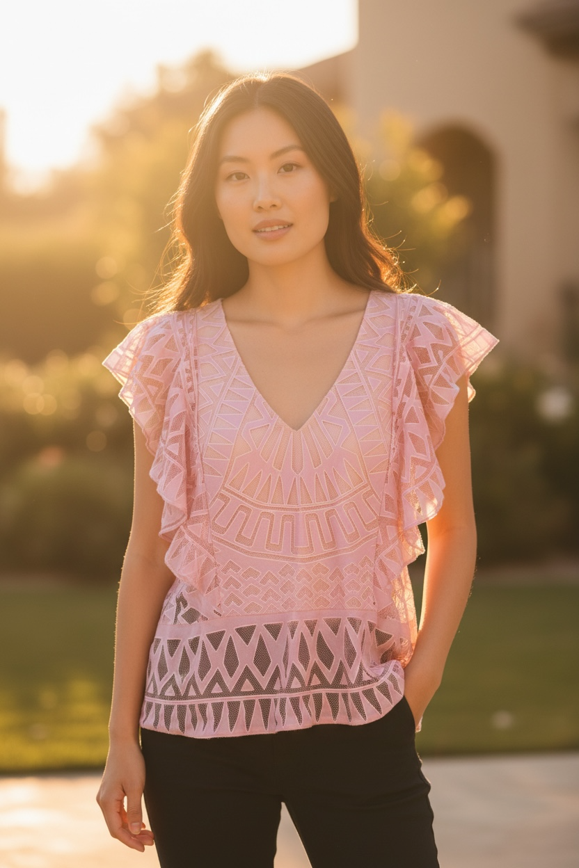 Blush Geo Lace Flutter Top