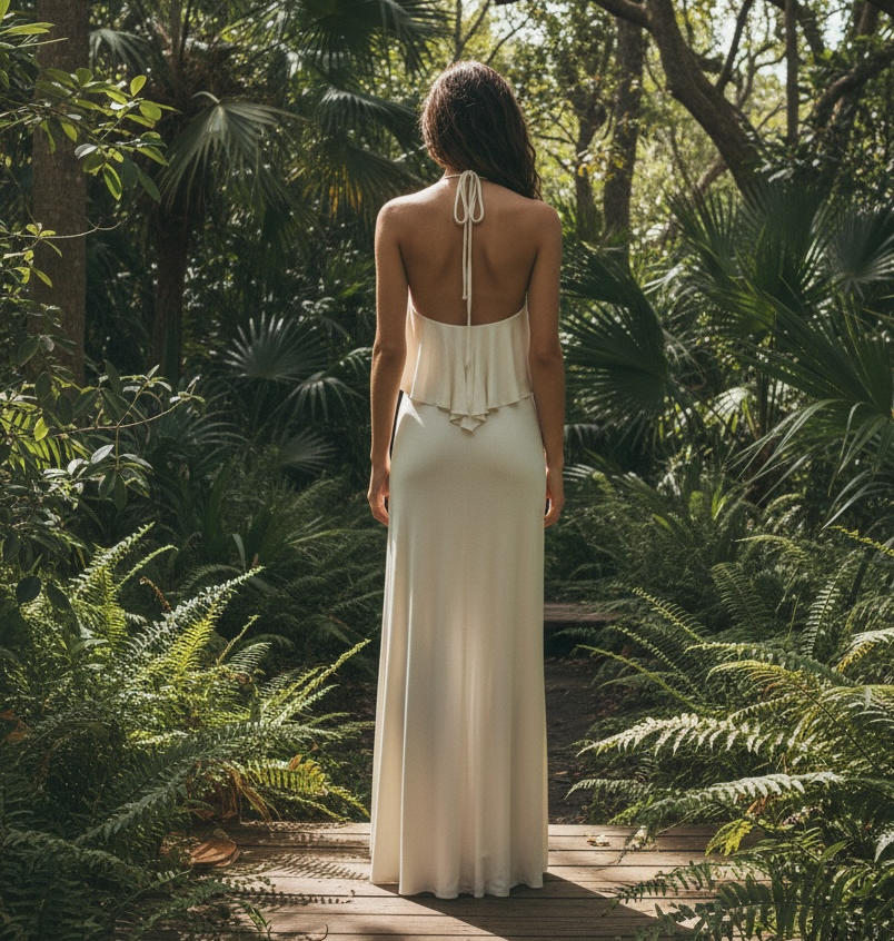 Sky Ivory Halter Dress with Gold Necklace Embellishment