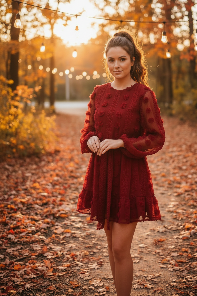 Burgundy Long Sleeve Rosette Dress