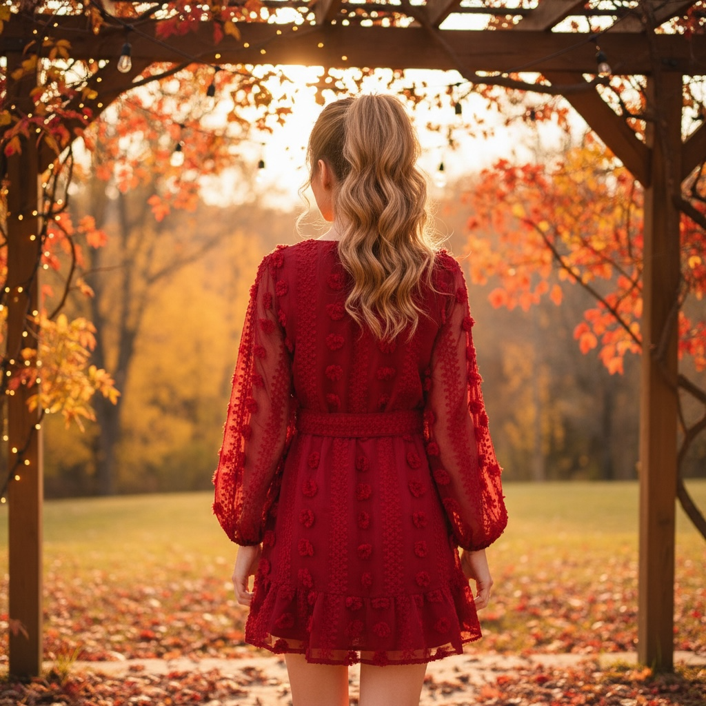 Burgundy Long Sleeve Rosette Dress