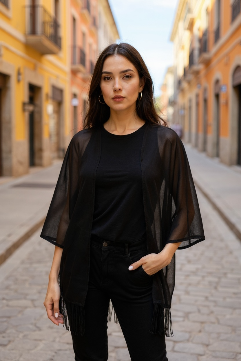 Black Sheer Fringe Kimono Jacket