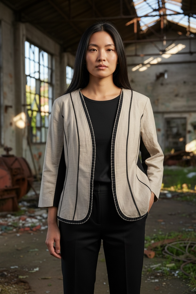 Stone Contrast Trim Open Jacket