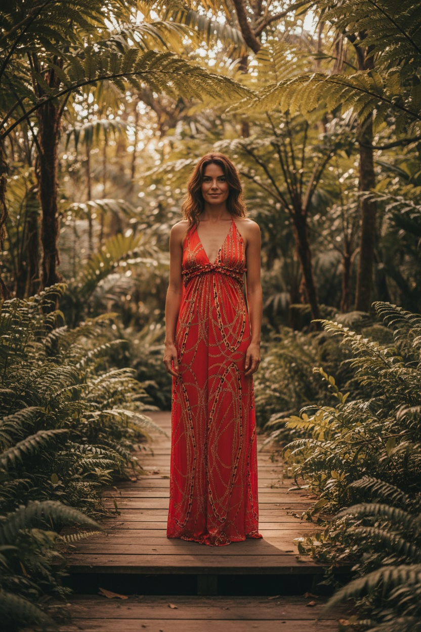 Coral Gold Chain Print Maxi Dress