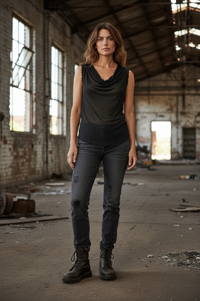 Midnight Drape Top &amp; Distressed Denim Look
