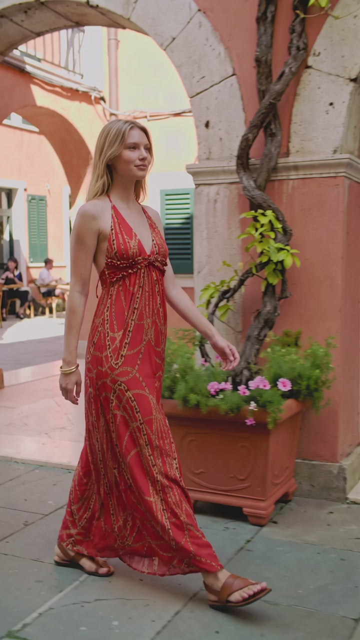 Coral Gold Chain Print Maxi Dress-2